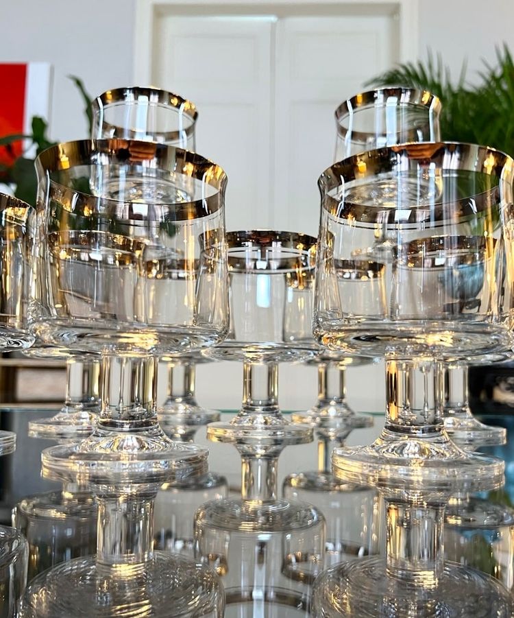 12 Water Glasses and 12 Wine Glasses in Platinum-Filled Crystal - Vintage 1970s Set