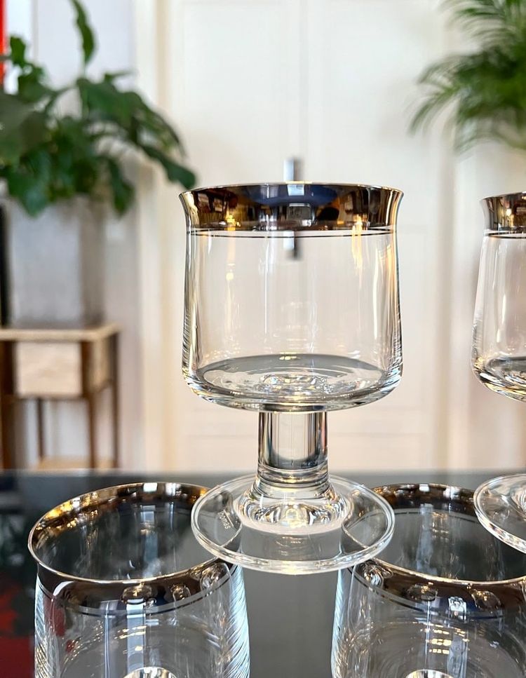 12 Water Glasses and 12 Wine Glasses in Platinum-Filled Crystal - Vintage 1970s Set