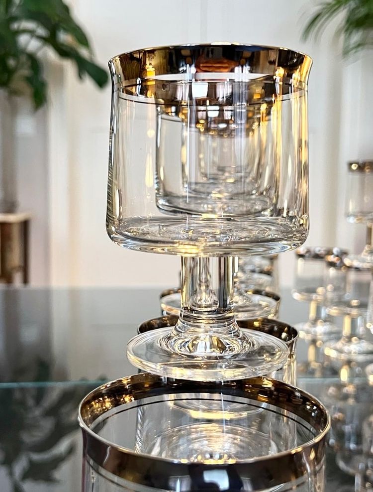 12 Water Glasses and 12 Wine Glasses in Platinum-Filled Crystal - Vintage 1970s Set