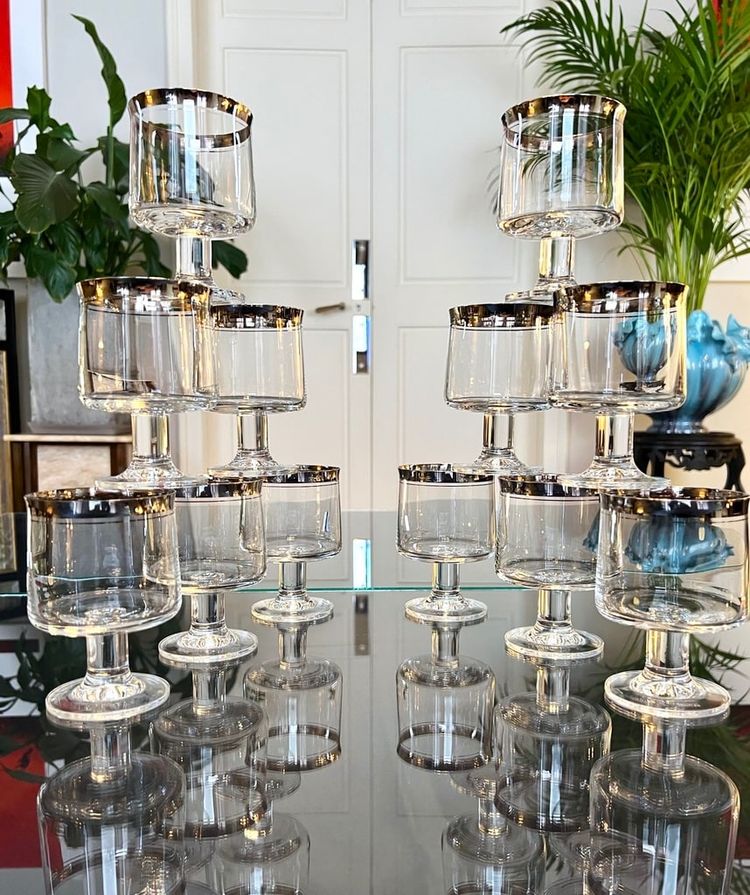 12 Water Glasses and 12 Wine Glasses in Platinum-Filled Crystal - Vintage 1970s Set