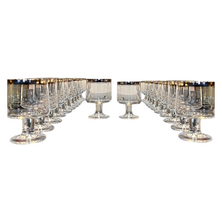 12 Water Glasses and 12 Wine Glasses in Platinum-Filled Crystal - Vintage 1970s Set