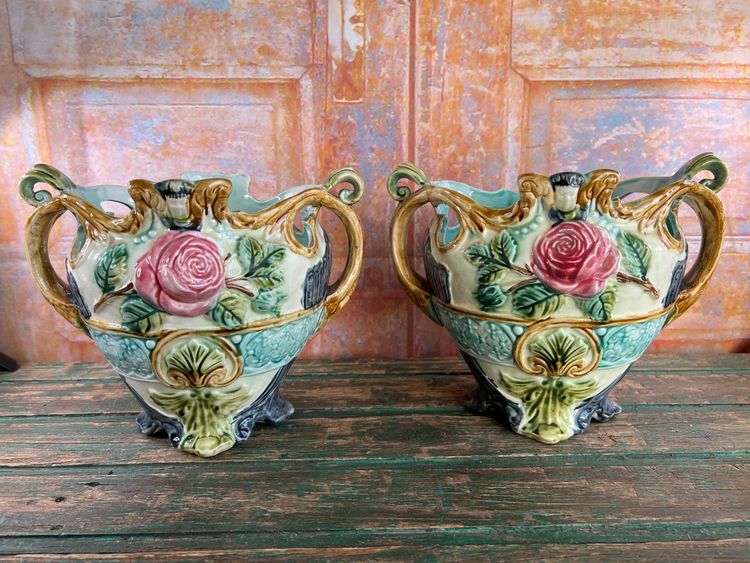 Pair of Barbotine Planters - Faïencerie d'Onnaing - Late 19th century