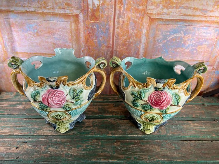 Pair of Barbotine Planters - Faïencerie d'Onnaing - Late 19th century