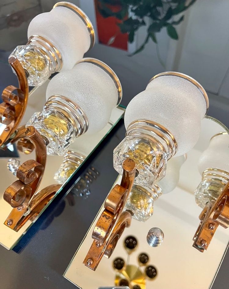Art Deco Wall Sconces - Mirror Plates Copper Support Tulips Granite Glass