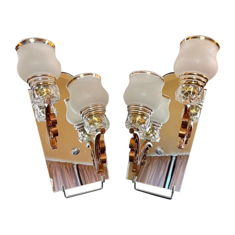 Art Deco Wall Sconces - Mirror Plates Copper Support Tulips Granite Glass