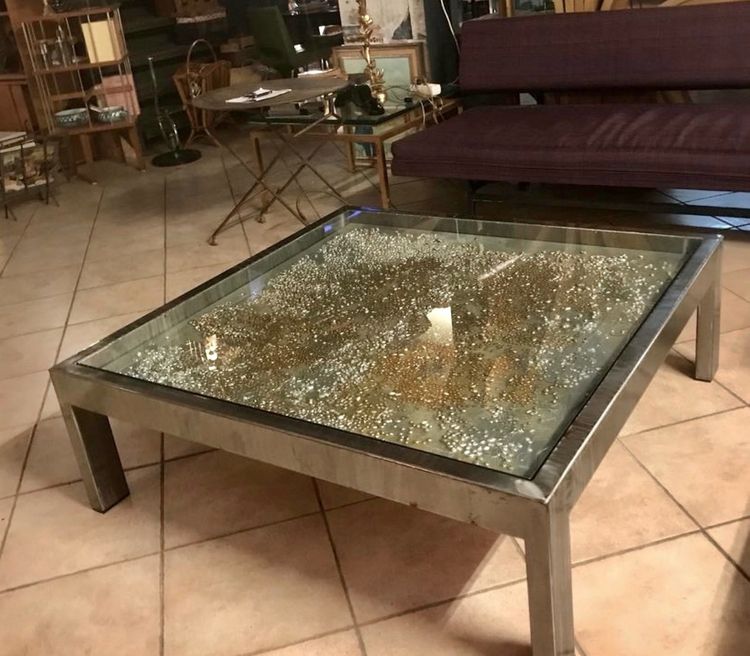 Rare Jenkell dite "Jenk" Unique coffee table signed metal glass canvas enchased
