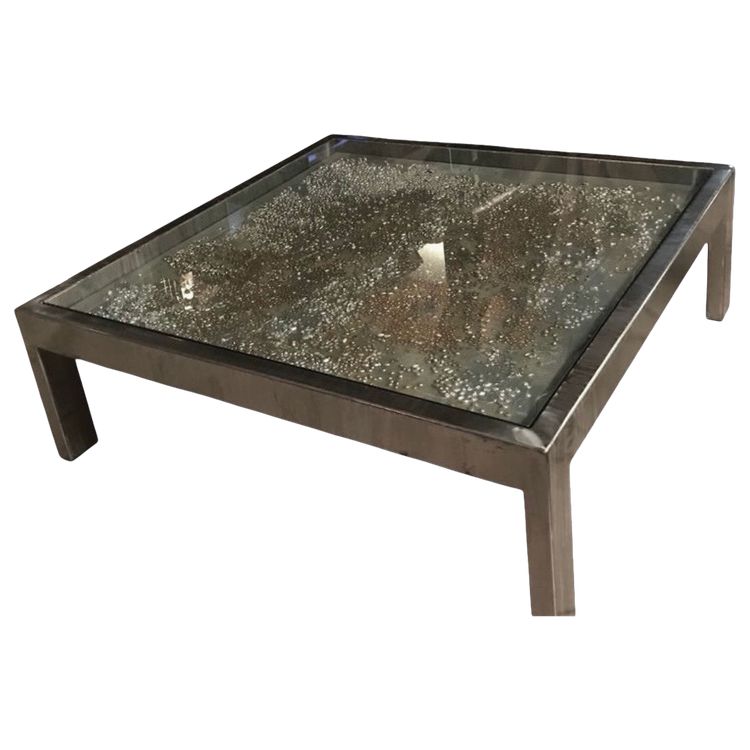 Rare Jenkell dite "Jenk" Unique coffee table signed metal glass canvas enchased
