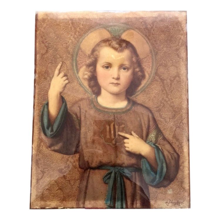 Portrait Religieux Peint Fixé Sous Verre