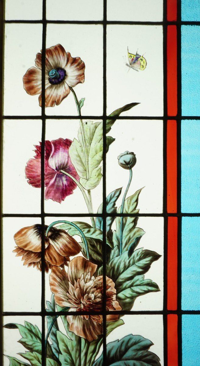 Buntglasfenster - Glasmalerei - Mohnblumen, Sonnenblumen Und Glyzinien.