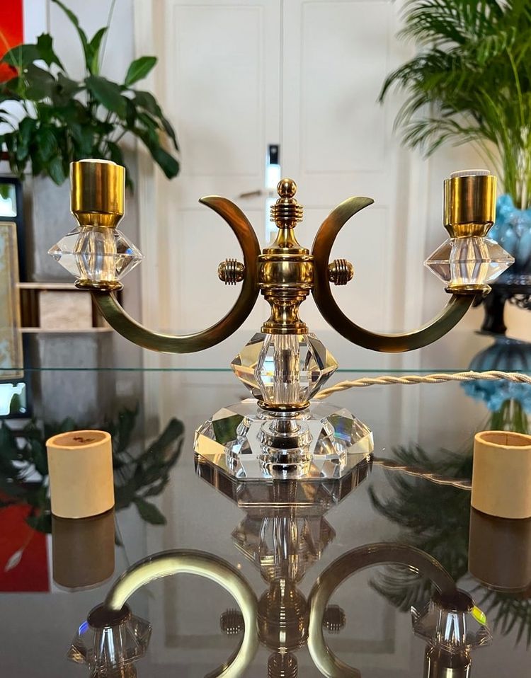 Art Deco Brass And Crystal Table Lamp