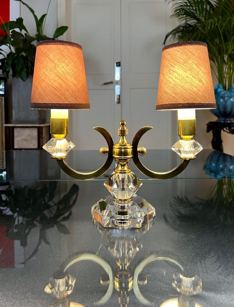 Art Deco Brass And Crystal Table Lamp