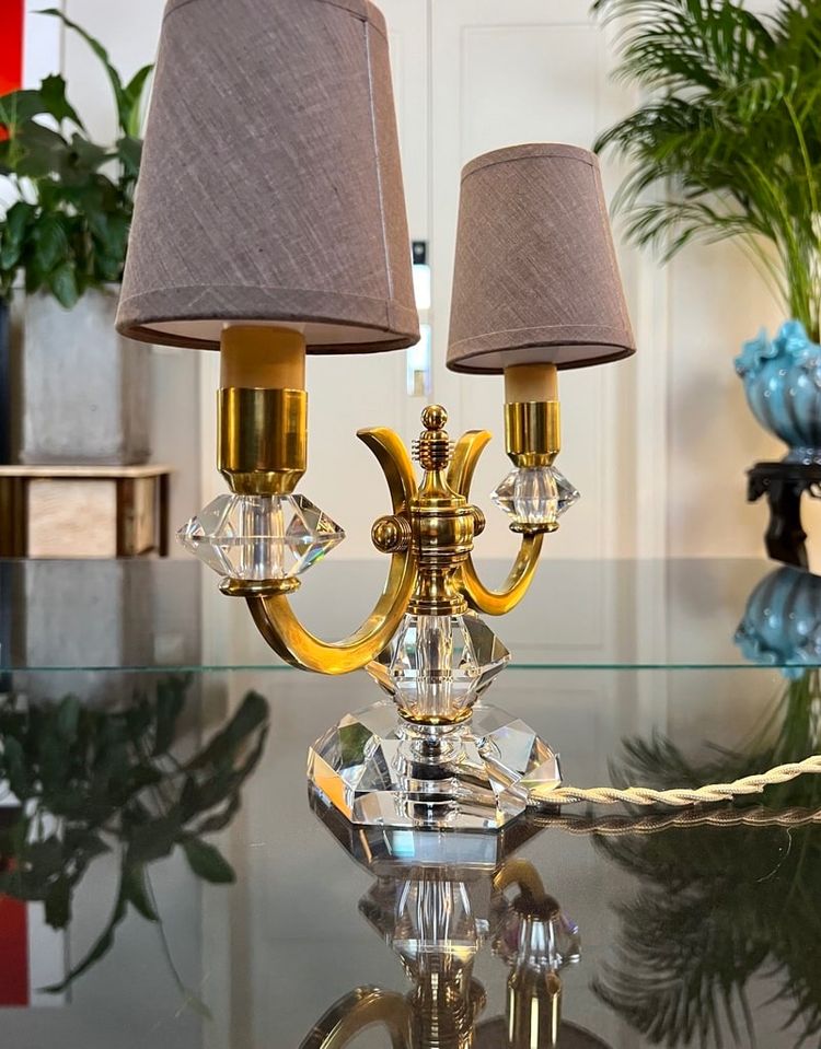 Art Deco Brass And Crystal Table Lamp