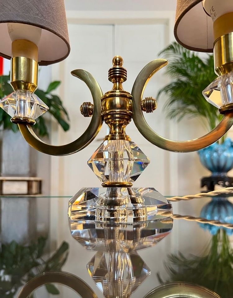 Art Deco Brass And Crystal Table Lamp