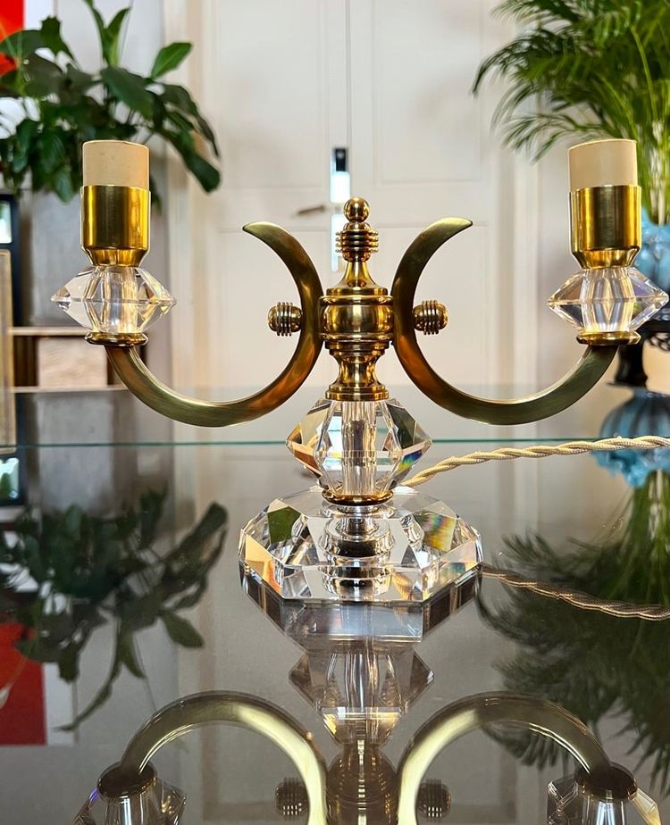 Art Deco Brass And Crystal Table Lamp