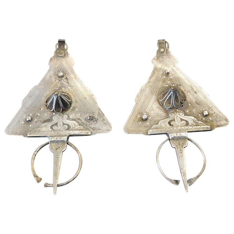 Spille berbere in argento massiccio Marocco XX secolo con inclusione di ambra