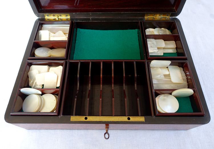 Marquetry music box games box with tokens, Napoleon III period