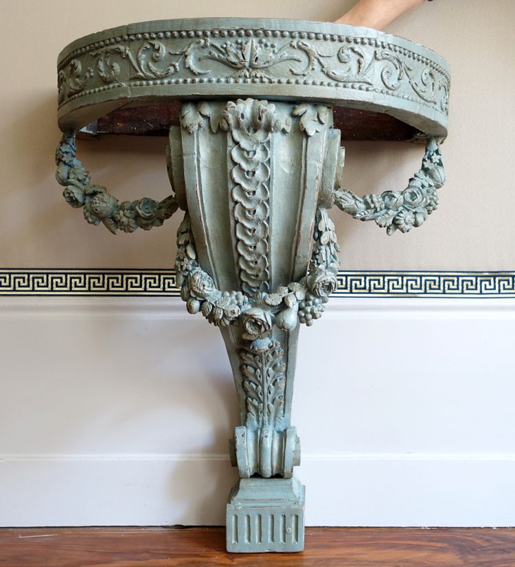 Console d'applique demi-lune d'époque Louis XVI dans le goût de Jacob, bois patiné et marbre