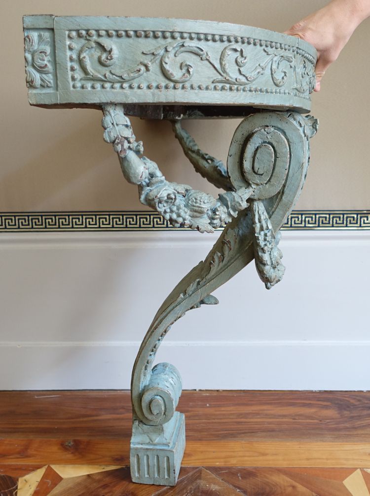 Console d'applique demi-lune d'époque Louis XVI dans le goût de Jacob, bois patiné et marbre