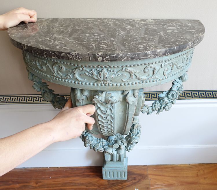 Console d'applique demi-lune d'époque Louis XVI dans le goût de Jacob, bois patiné et marbre