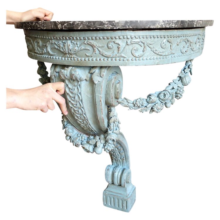 Console d'applique demi-lune d'époque Louis XVI dans le goût de Jacob, bois patiné et marbre