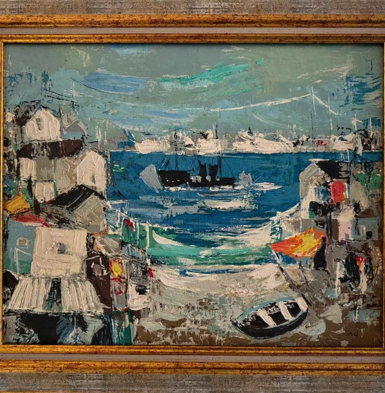 Huile sur panneau XXe représentant un port de pêche par S. Margarit