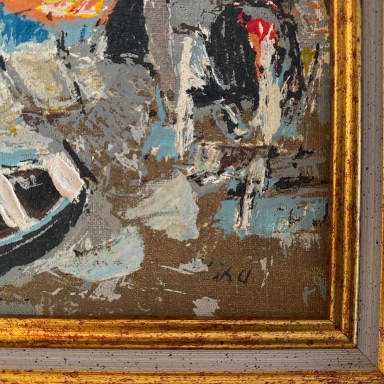 Huile sur panneau XXe représentant un port de pêche par S. Margarit