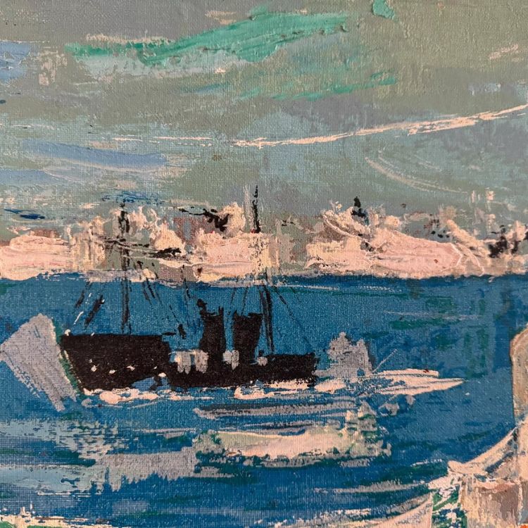 Huile sur panneau XXe représentant un port de pêche par S. Margarit