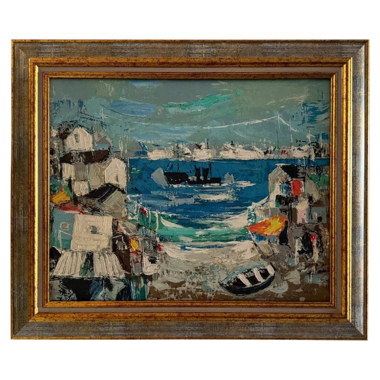 Huile sur panneau XXe représentant un port de pêche par S. Margarit