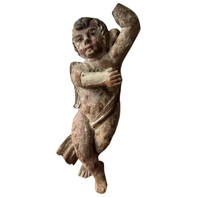 Polychrom geschnitzter Engel aus Holz aus dem 17. Jahrhundert