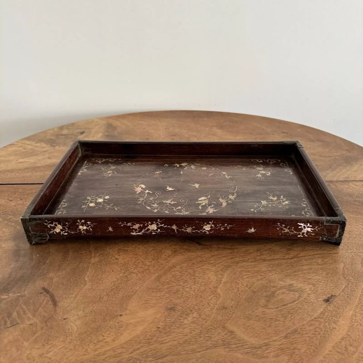 Ironwood tray inlaid with mother-of-pearl floral decoration Vietnam 20th century