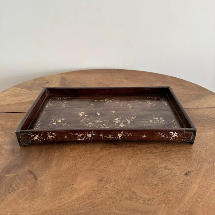 Ironwood tray inlaid with mother-of-pearl floral decoration Vietnam 20th century