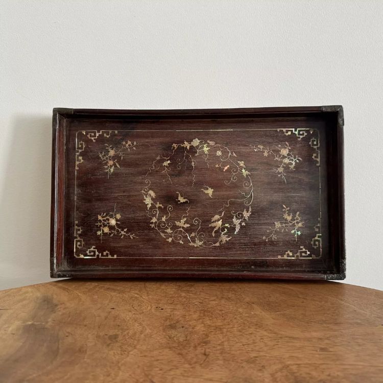 Ironwood tray inlaid with mother-of-pearl floral decoration Vietnam 20th century
