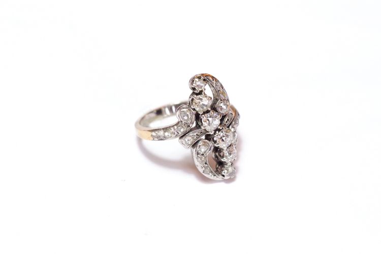 Bague Belle epoque diamants en or 18k et platine, bague marquise ancienne, bague de fiançailles