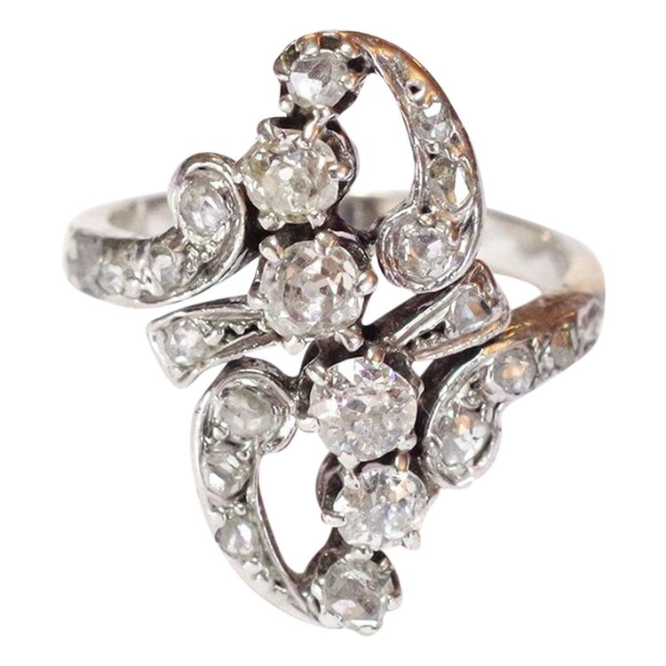 Bague Belle epoque diamants en or 18k et platine, bague marquise ancienne, bague de fiançailles