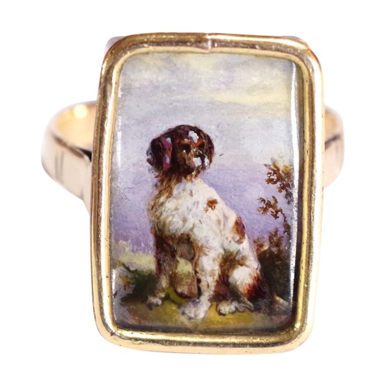 Victorian dog ring, Portrait miniature dog ring, 9k gold, England, Spaniel brittany