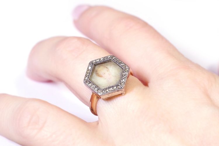 Antiker Portraitring mit Diamanten in Roségold, abnehmbarer Ring, Verwandlungsschmuck