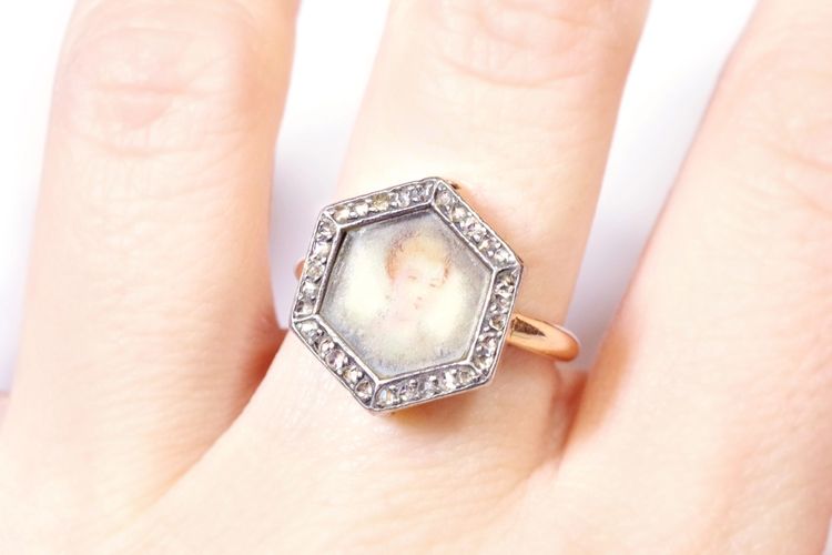 Antiker Portraitring mit Diamanten in Roségold, abnehmbarer Ring, Verwandlungsschmuck