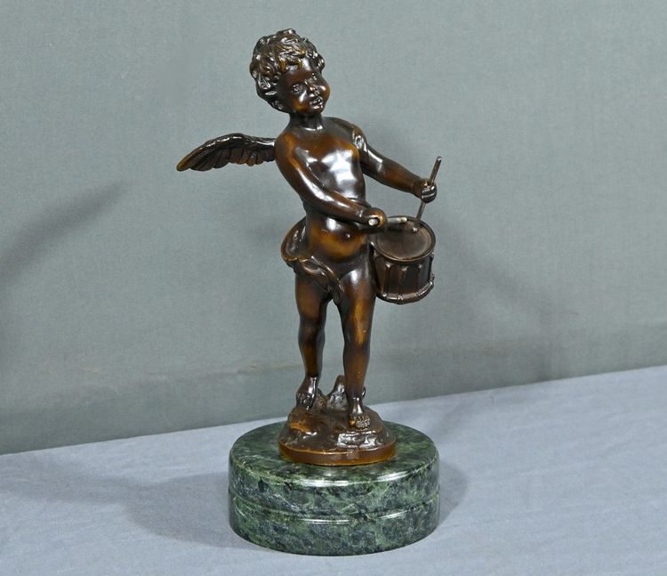 Putto in bronzo con tamburello, firmato A.Moreau – fine XIX secolo