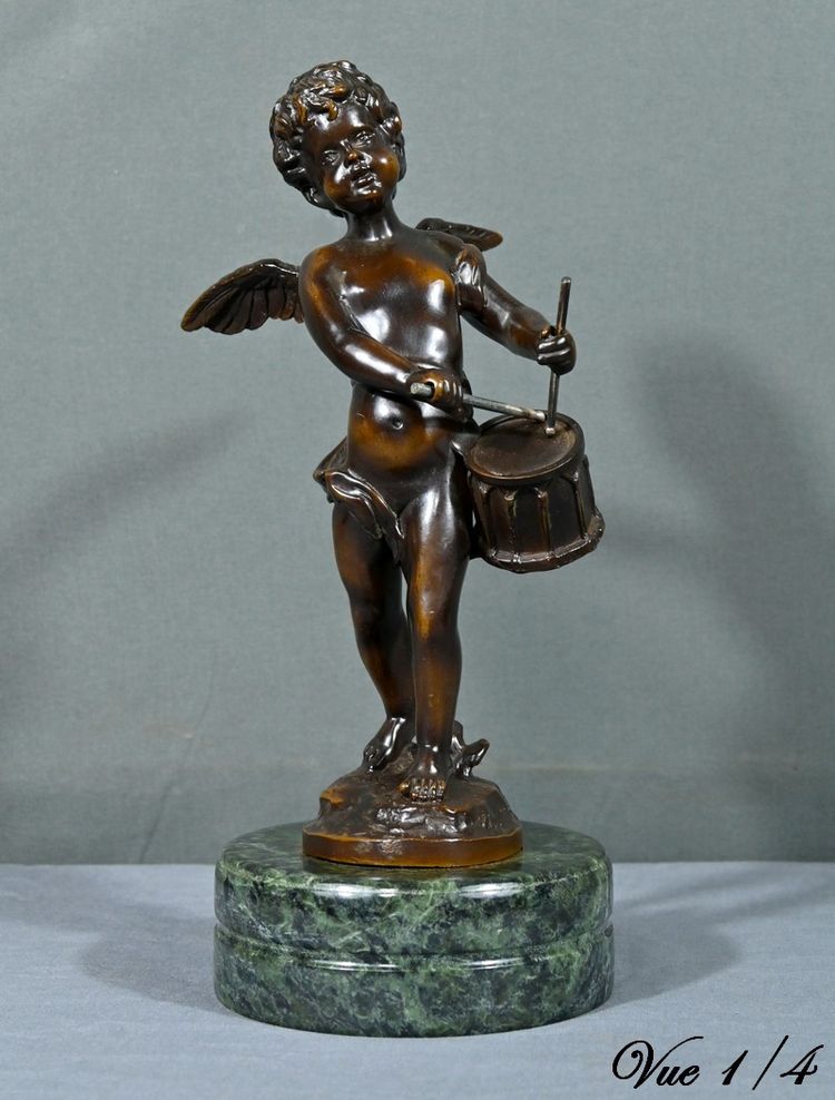 Putto in bronzo con tamburello, firmato A.Moreau – fine XIX secolo
