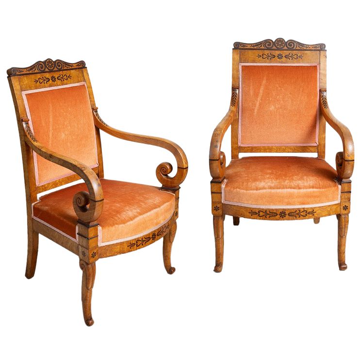 Pair of antique Charles X armchairs in elm burl and amaranth. France, 19th century.