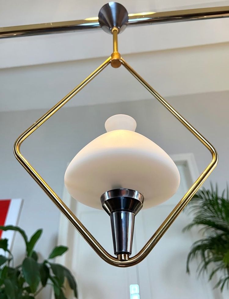 Lampada a sospensione vintage in metallo e opalina - Lustre Lampe 20e Siècle