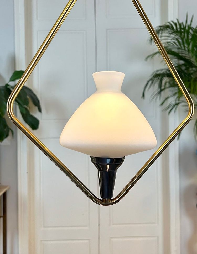 Lampada a sospensione vintage in metallo e opalina - Lustre Lampe 20e Siècle