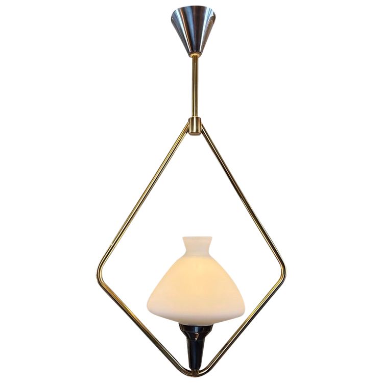 Lampada a sospensione vintage in metallo e opalina - Lustre Lampe 20e Siècle