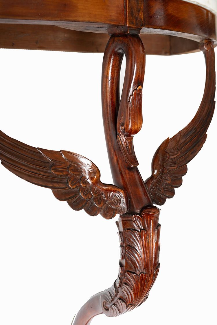 Pair of antique half-moon wall consoles in mahogany feather. Naples, 19th century.