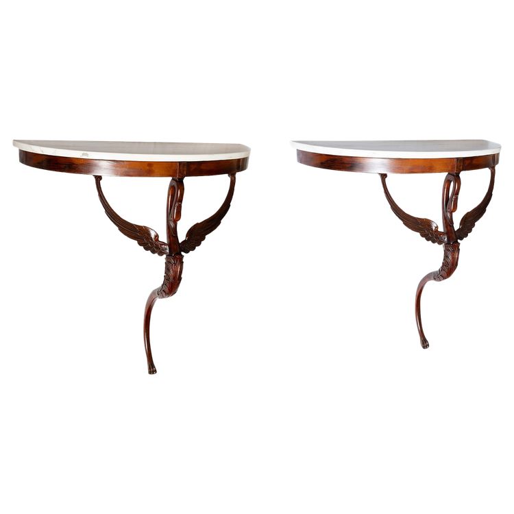 Pair of antique half-moon wall consoles in mahogany feather. Naples, 19th century.