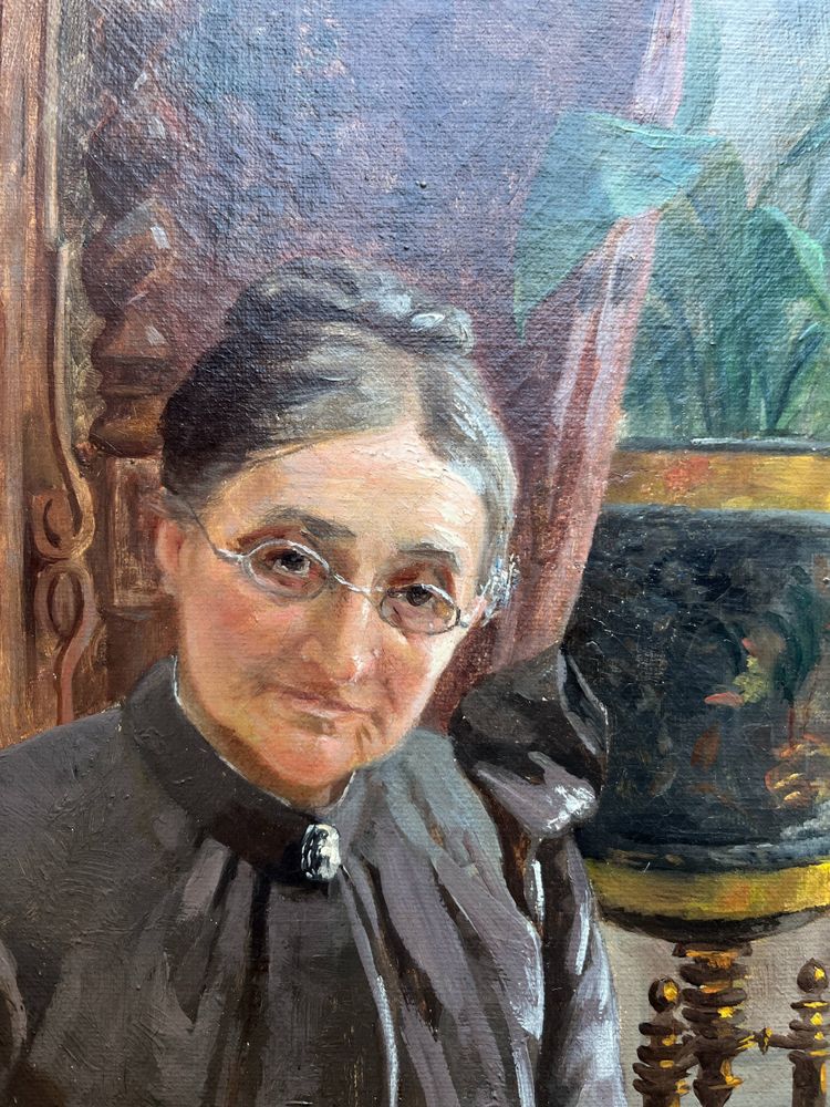 Tableau HST "Portrait de famille : la brodeuse" signé Marolles (XIX° siècle)
