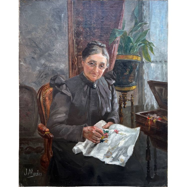 Tableau HST "Portrait de famille : la brodeuse" signé Marolles (XIX° siècle)