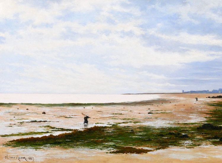 Olivier CHERON 1854-1935 Arromanches, paysage, effet du matin, tableau, Salon 1887, Normandie