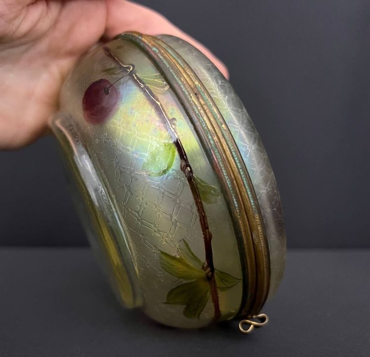 Antique Opalescent Glass Box - Hand-Painted Cherry Decor - Art Nouveau Style