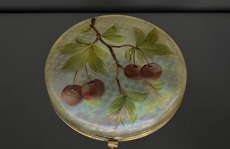 Antique Opalescent Glass Box - Hand-Painted Cherry Decor - Art Nouveau Style